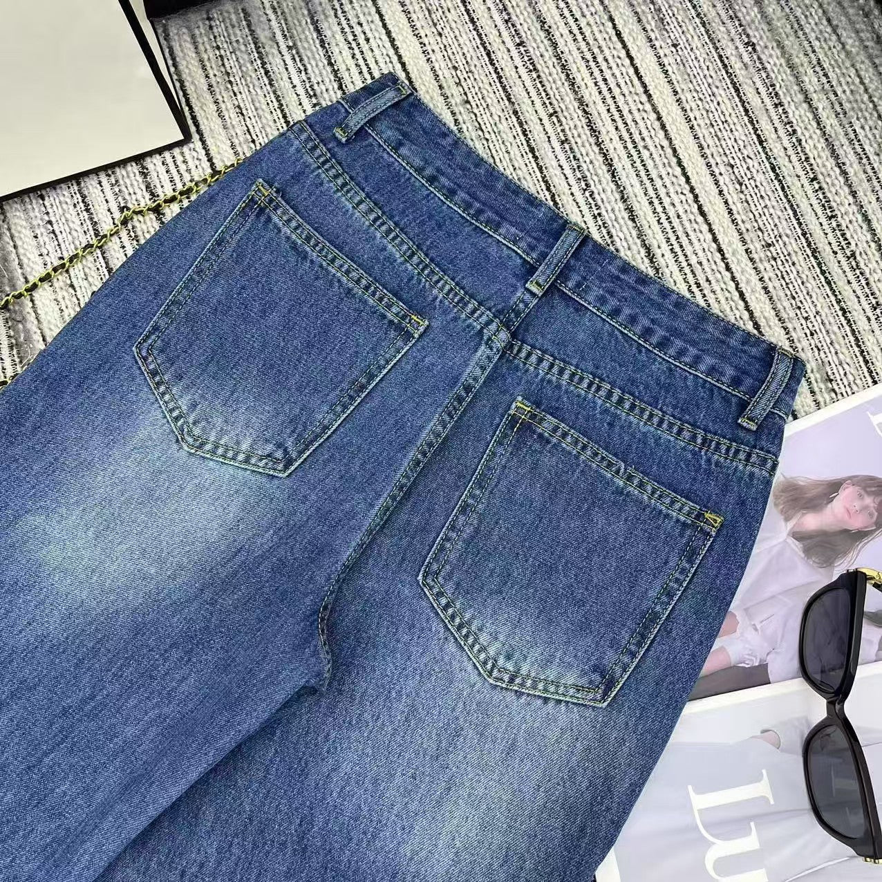 25 Early Spring Logo Print Sequined Denim Straight Leg Pants