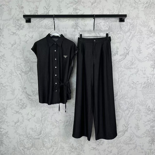 25 Early Spring Silk Denim Bandage + Elastic Waist Wide Leg Pants Set