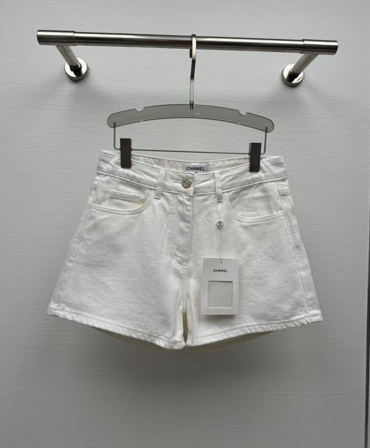 printed denim shorts