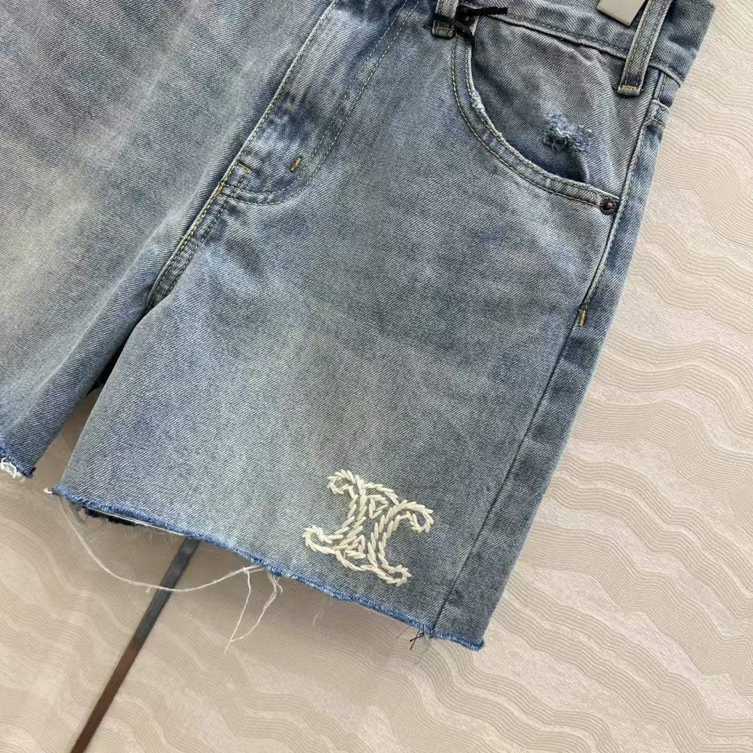 Embroidered logo denim shorts