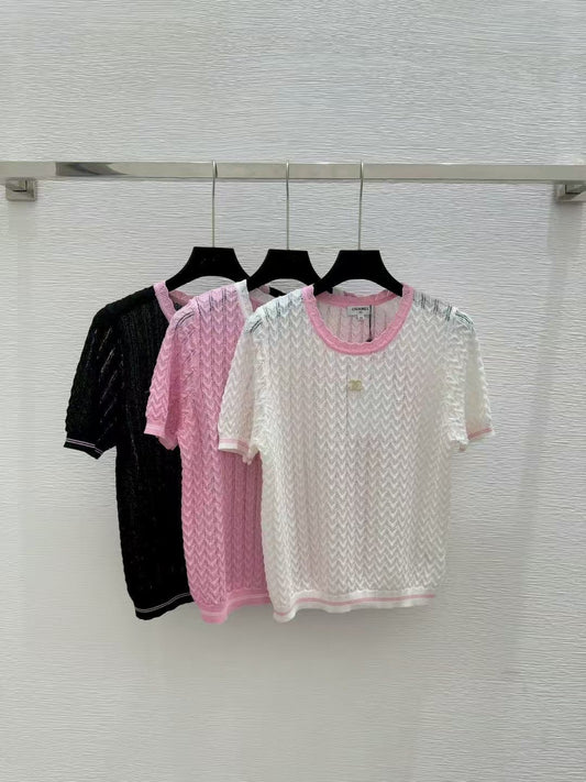 Contrast color crew neck knit short sleeves