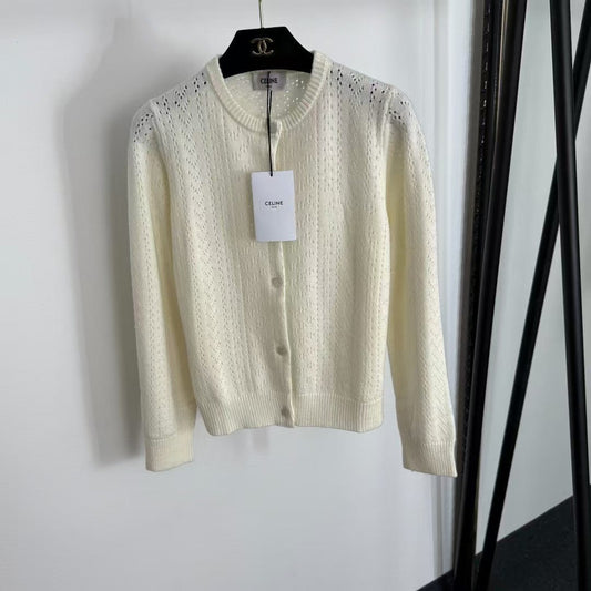 Hollow long-sleeved wool knit cardigan