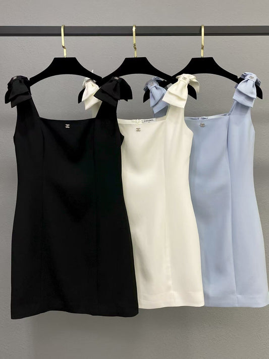 rhinestone logo bow sleeveless dress