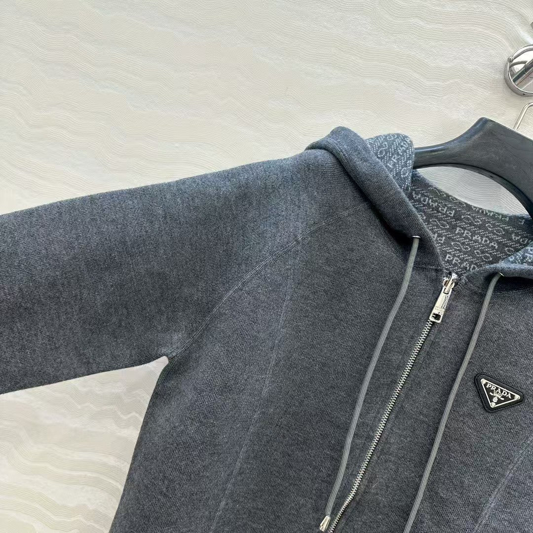 Double-faced wool hooded jacket with monogram