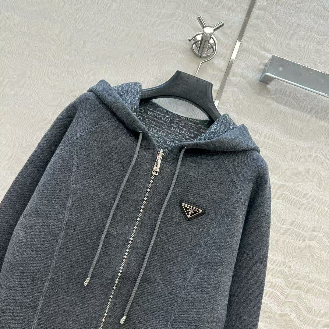 Double-faced wool hooded jacket with monogram
