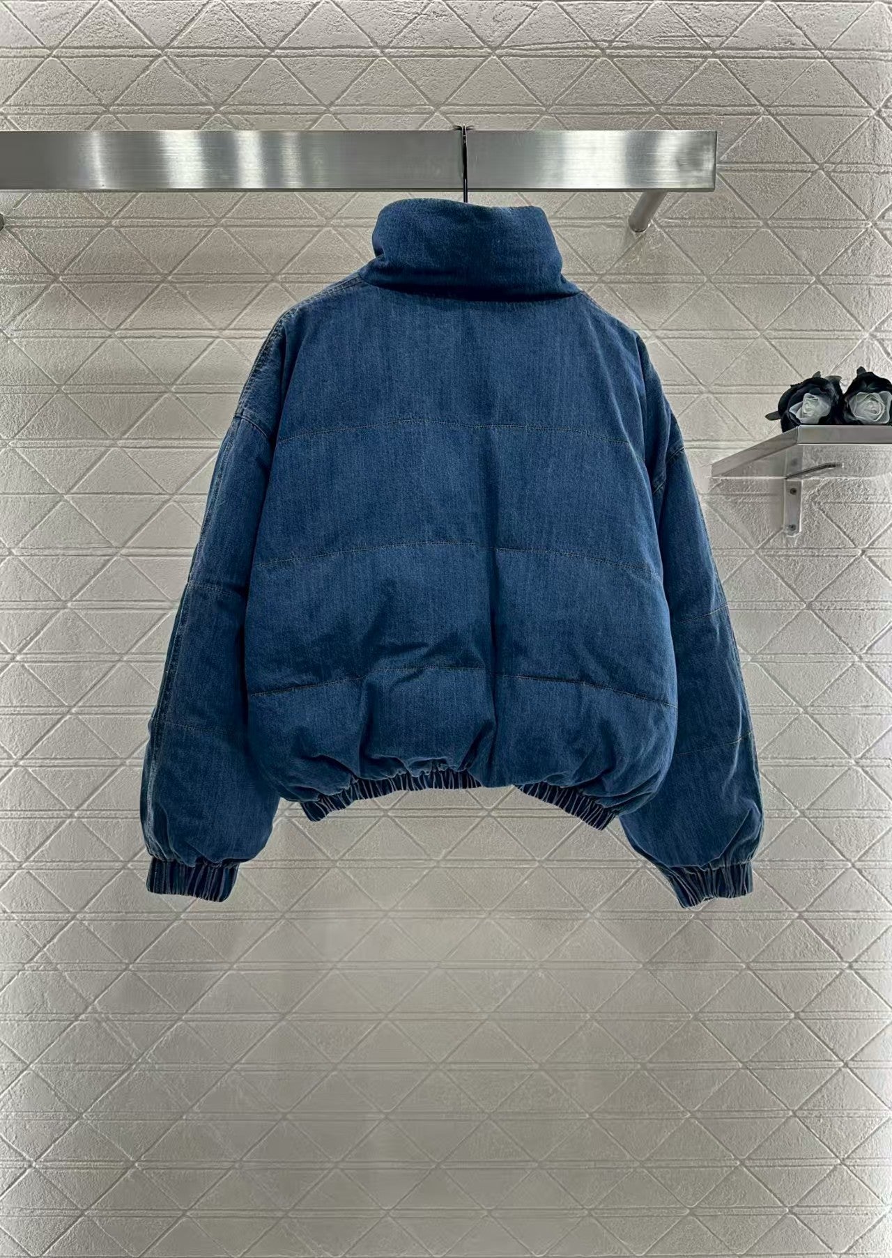 Denim stand collar snap button down jacket