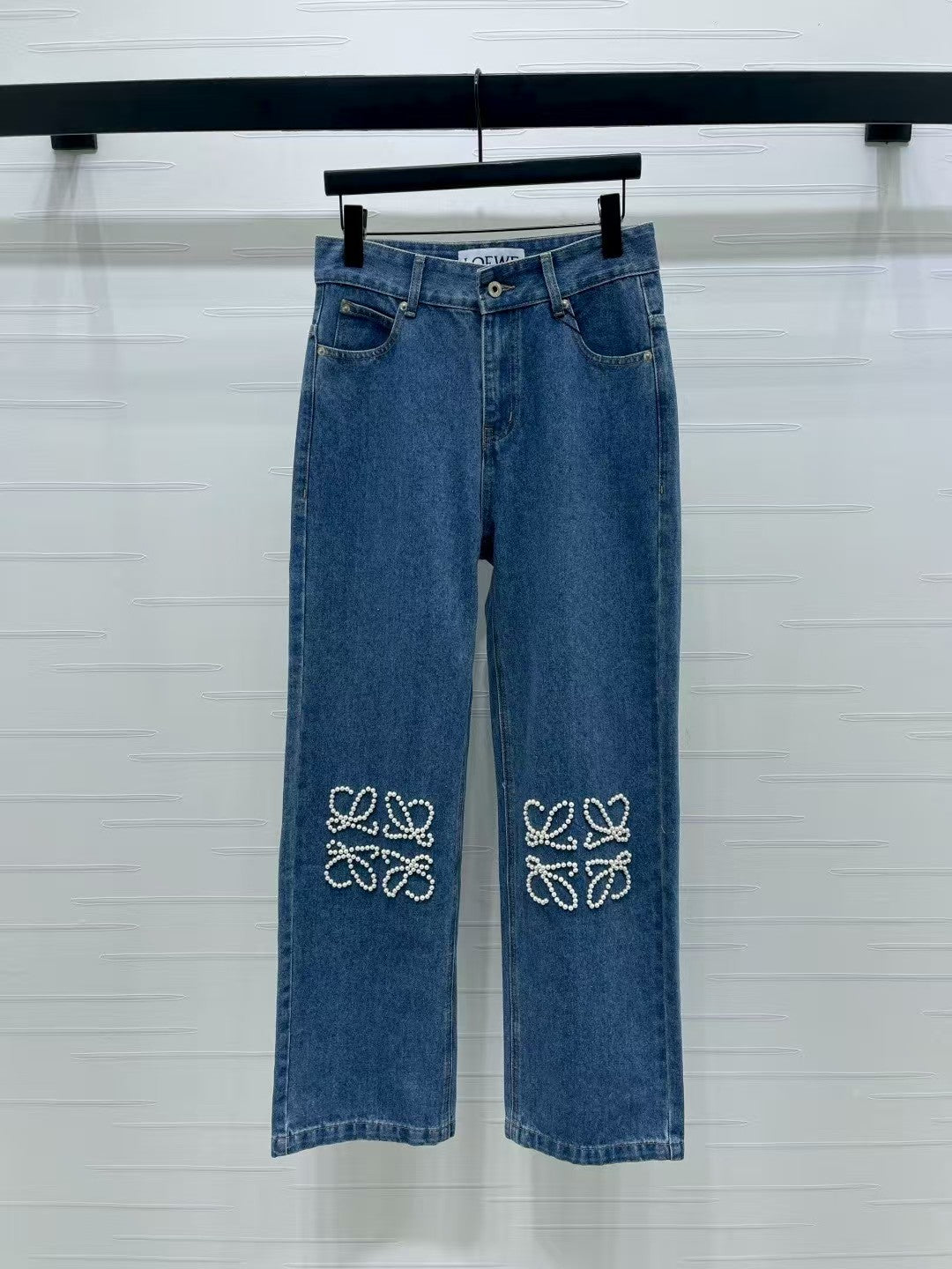 Heavy beaded straight jeans