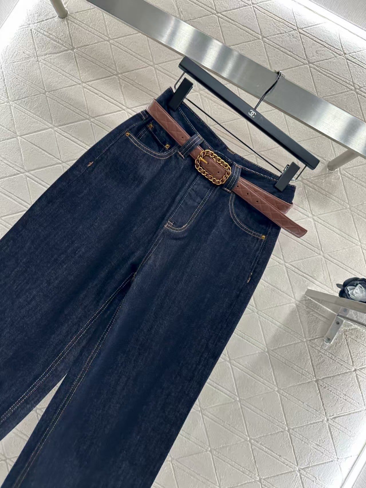 New belted straight-leg denim trousers