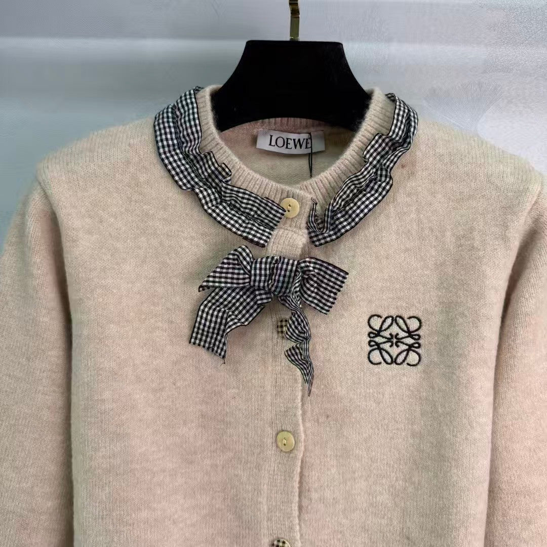 New Plaid Bow Knitted Cardigan