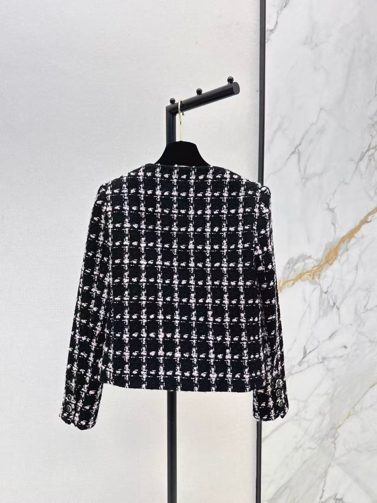 Plaid woven short jacket + A-line skirt