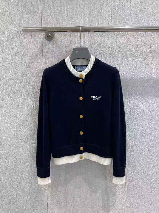 Letter embroidered fake two-piece knitted cardigan