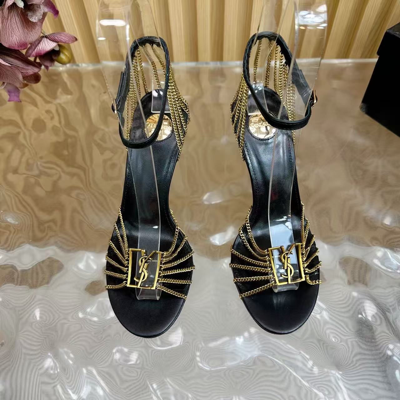 Black patent leather chain high-heeled sandals