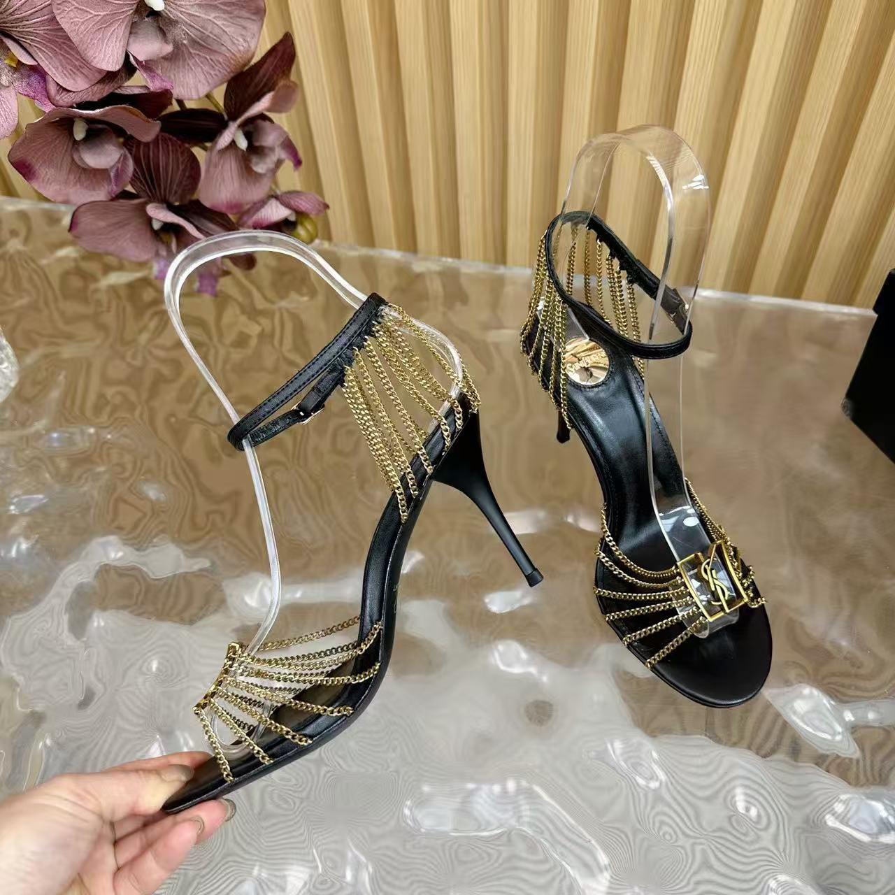 Black patent leather chain high-heeled sandals