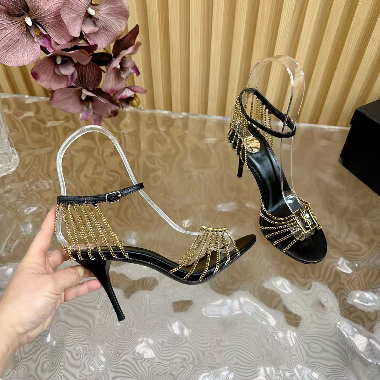 Black patent leather chain high-heeled sandals