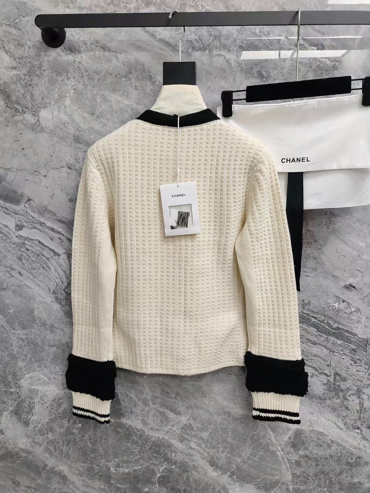 Black and white color-blocked wool knit cardigan