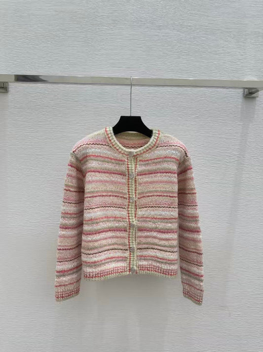 Striped crew neck knit cardigan