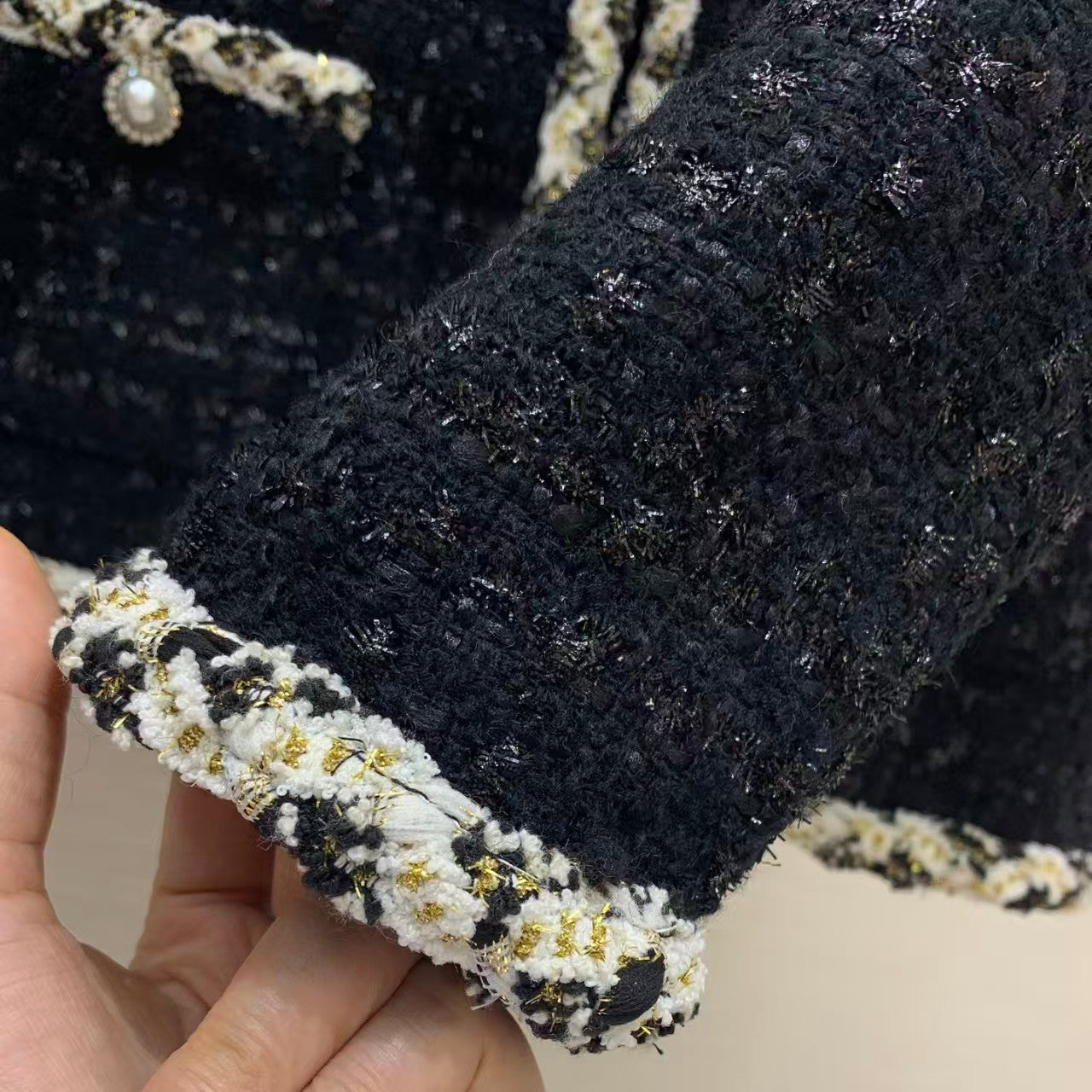 Woven blend cable knit trim jacket
