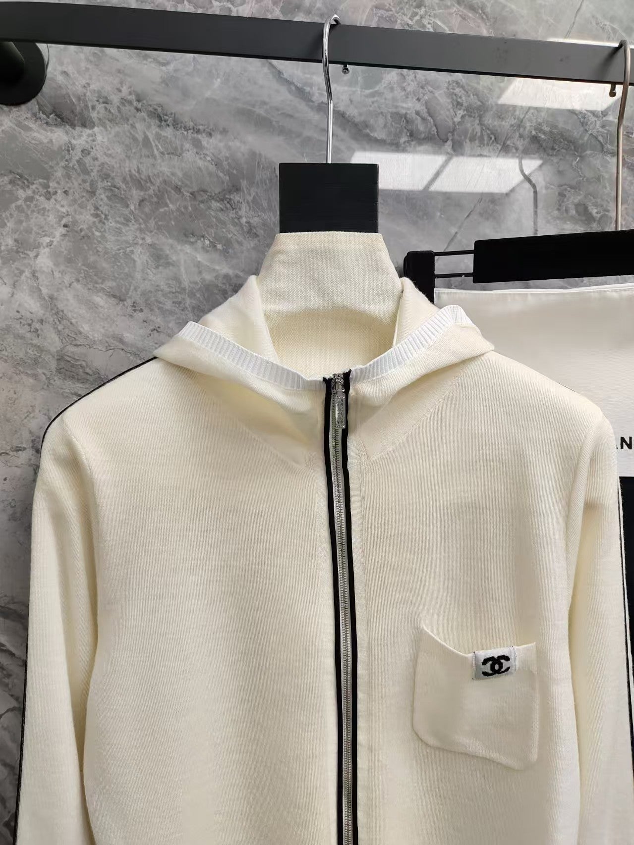 Black and white zip-up hooded cardigan