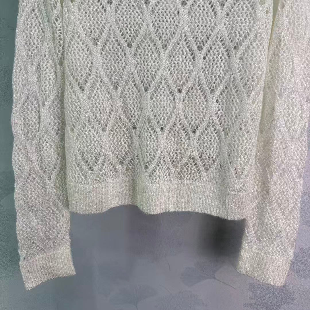 Sequined diamond-patterned openwork pullover knit sweater
