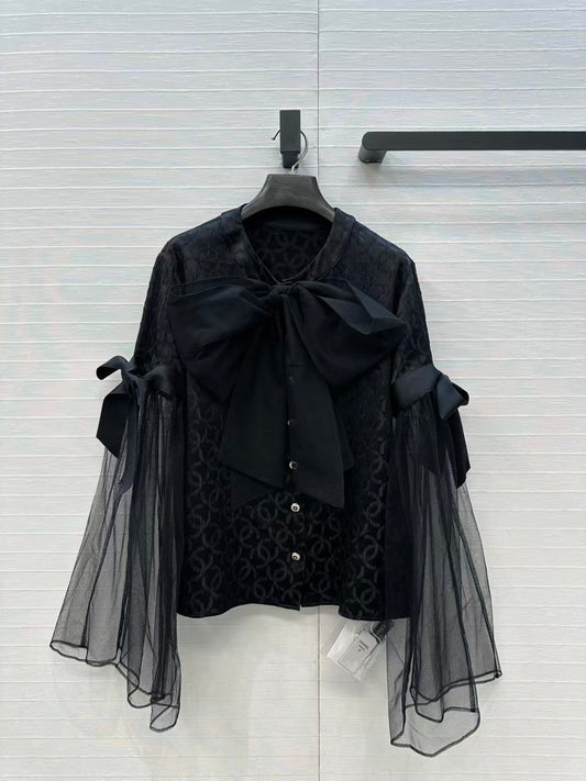 Silk cardigan with lace bow