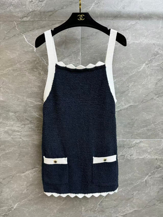 Terry cloth embroidered color-block vest dress