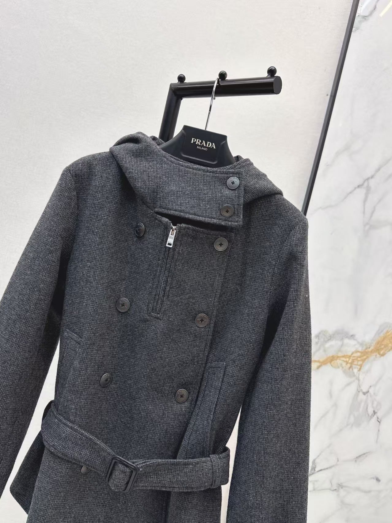 Double-brebreasted hooded wool trench coat
