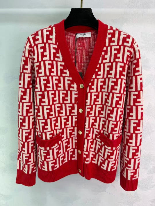 New double-pocket jacquard V-neck knitted cardigan
