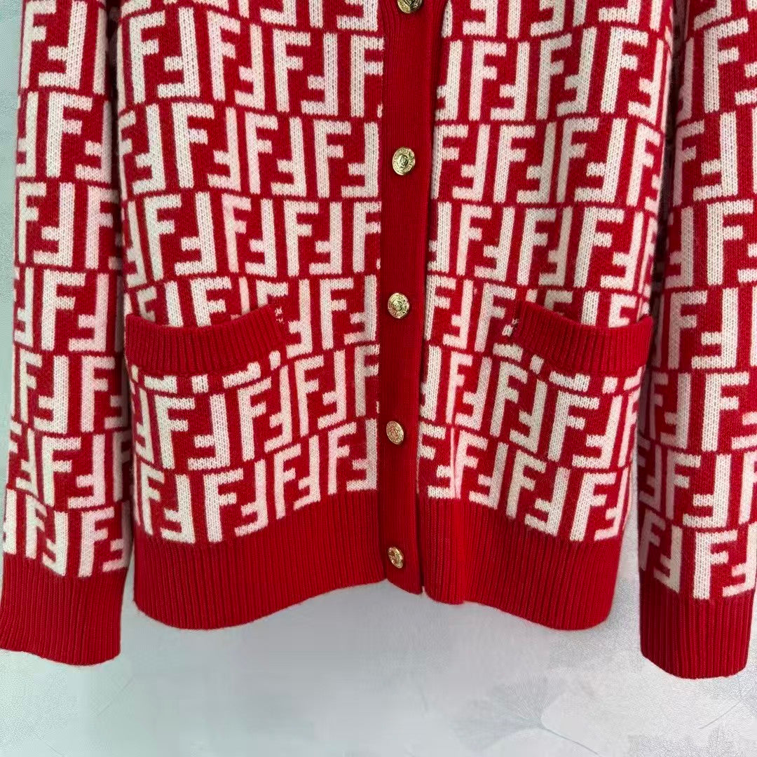 New double-pocket jacquard V-neck knitted cardigan
