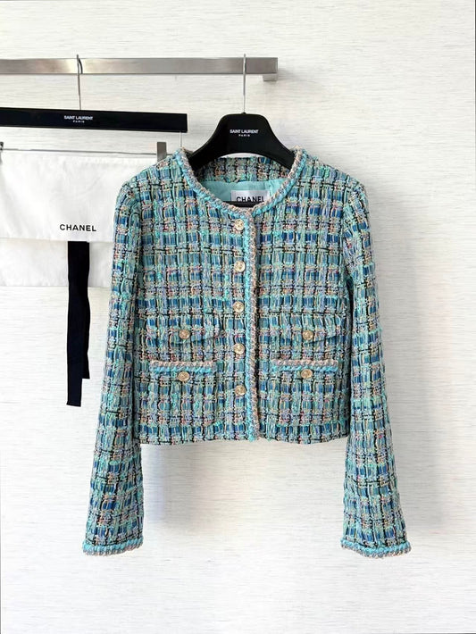 Blue tweed round-neck jacket