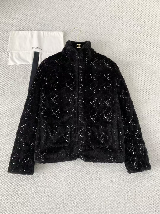 New sequined faux fur coat