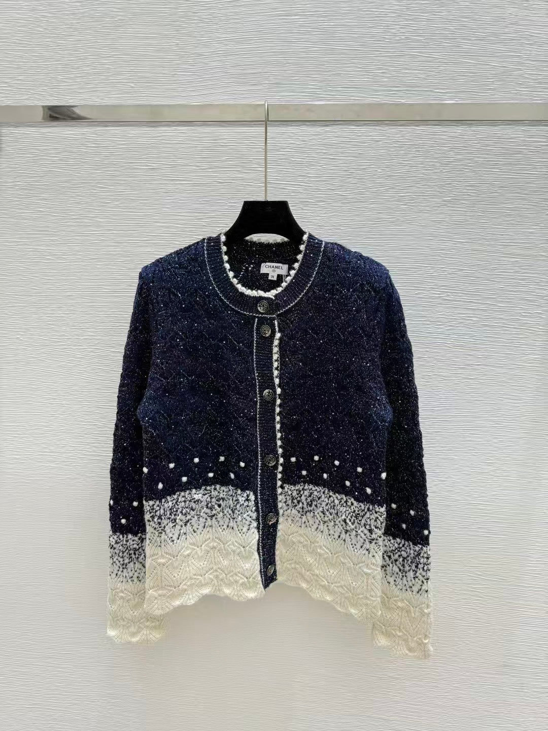 Gradient sequined openwork knit long-sleeved cardigan