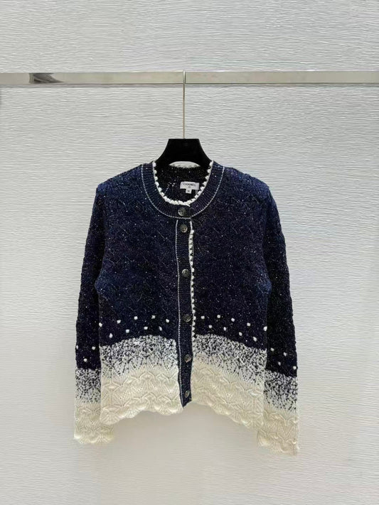 Gradient sequined openwork knit long-sleeved cardigan