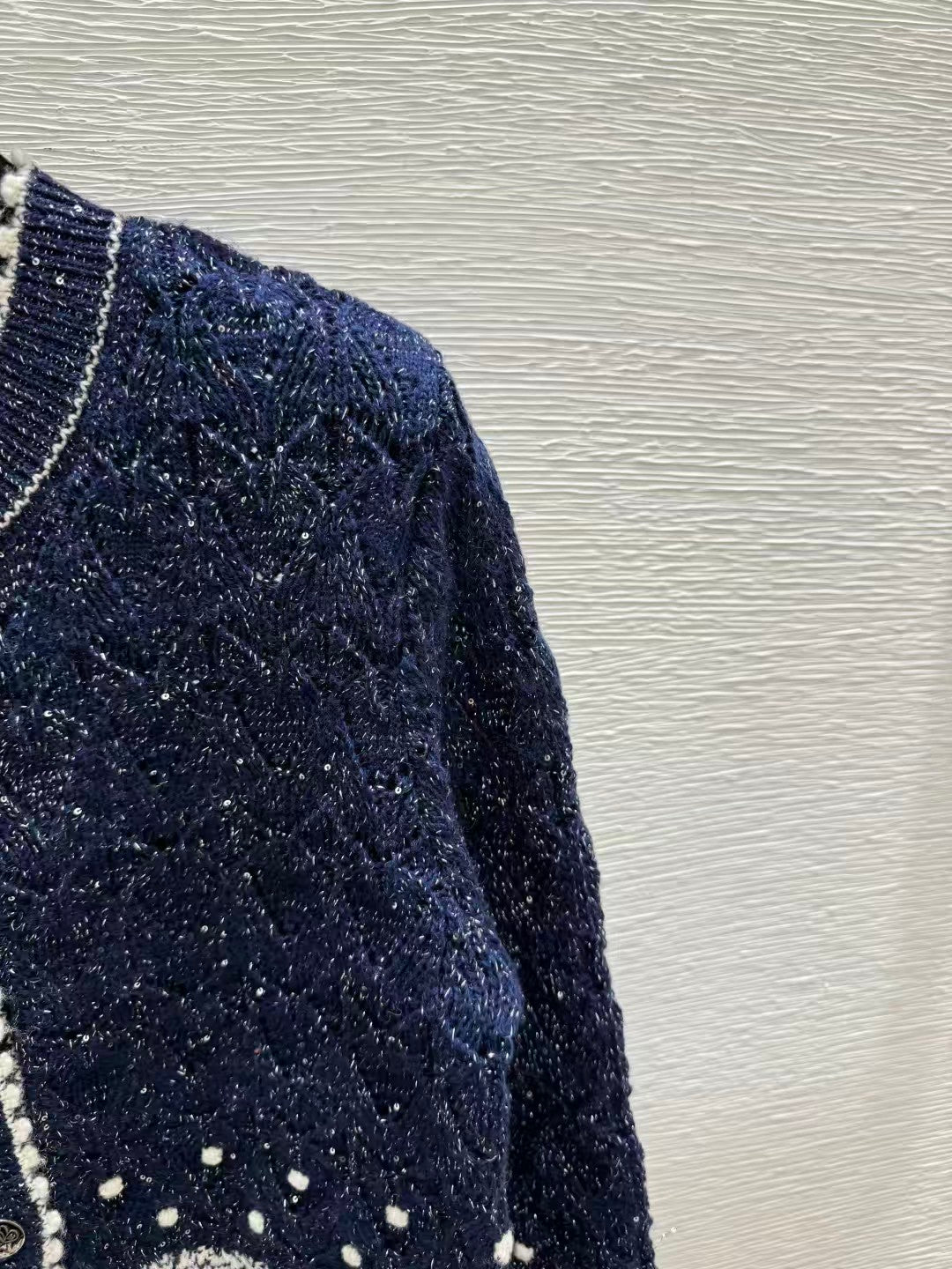 Gradient sequined openwork knit long-sleeved cardigan