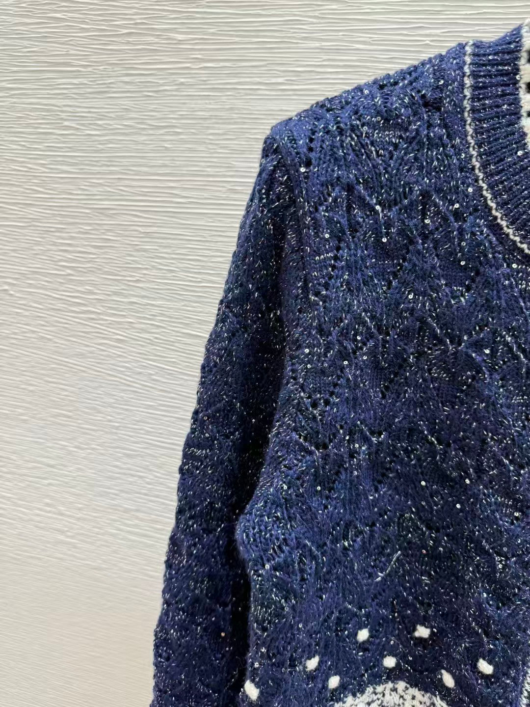 Gradient sequined openwork knit long-sleeved cardigan