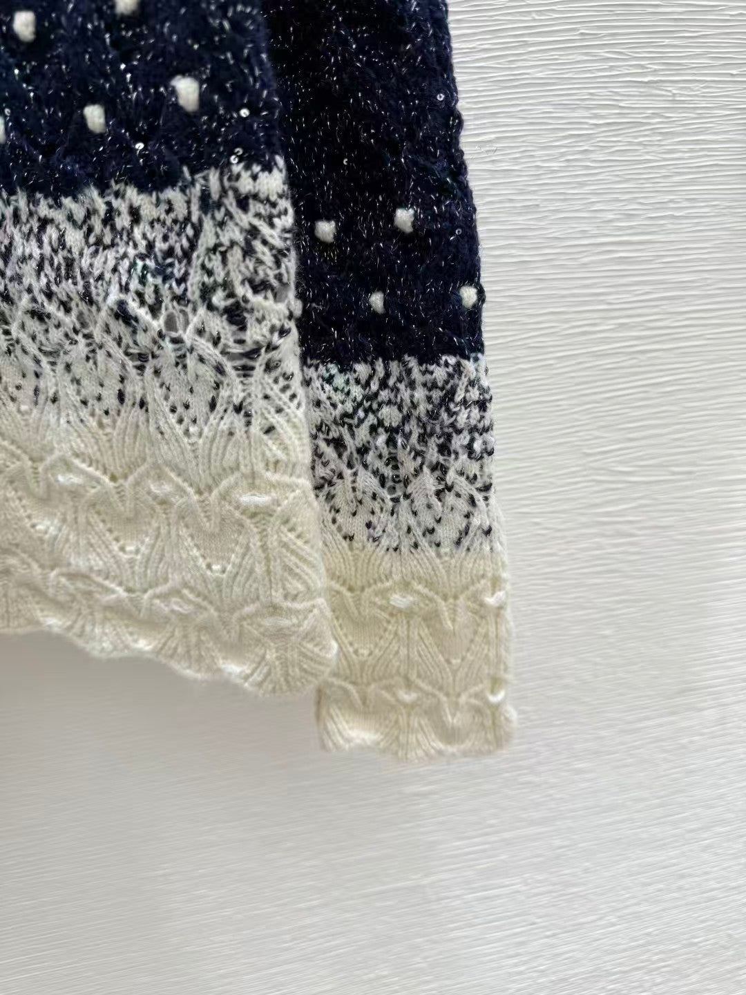 Gradient sequined openwork knit long-sleeved cardigan