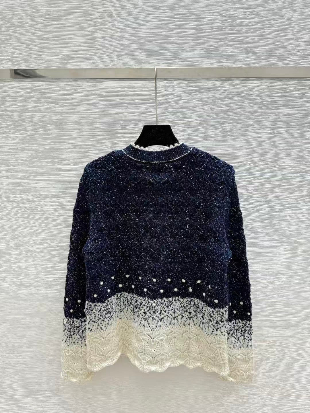 Gradient sequined openwork knit long-sleeved cardigan