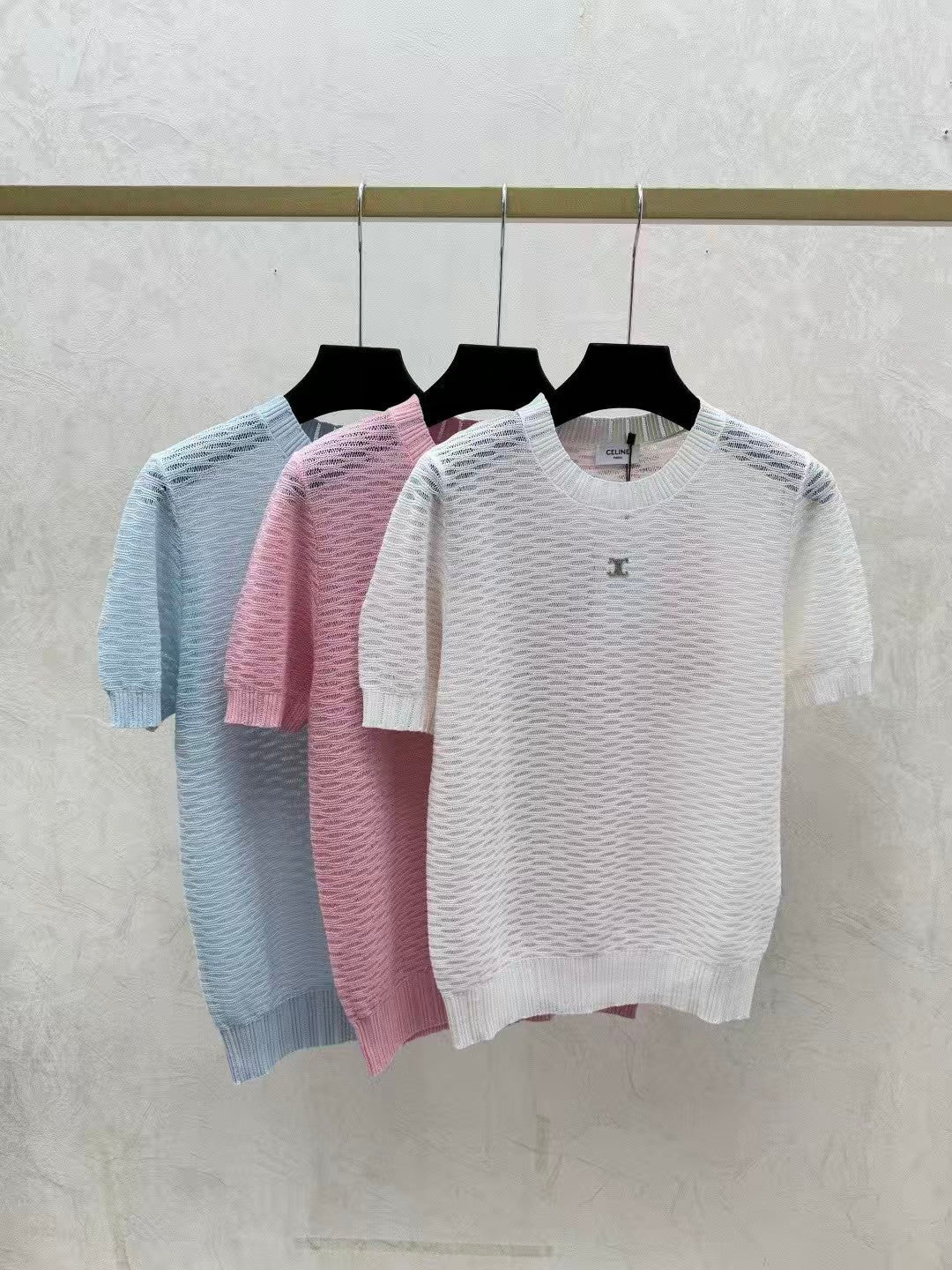 Solid color hollow-out simple knit short sleeve