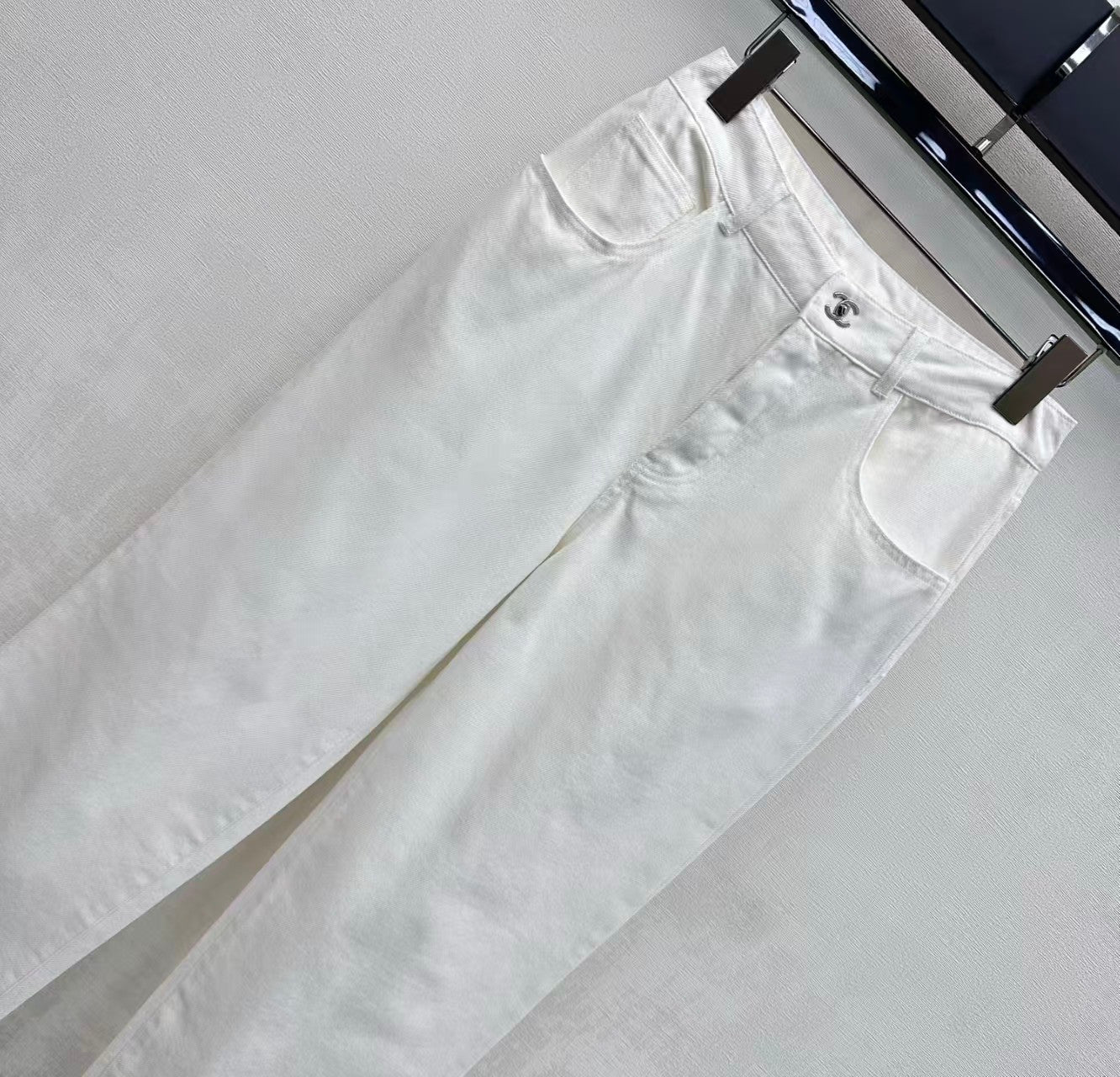 26SS Embroidered Denim Trousers with Schoolbag-Style Buckles