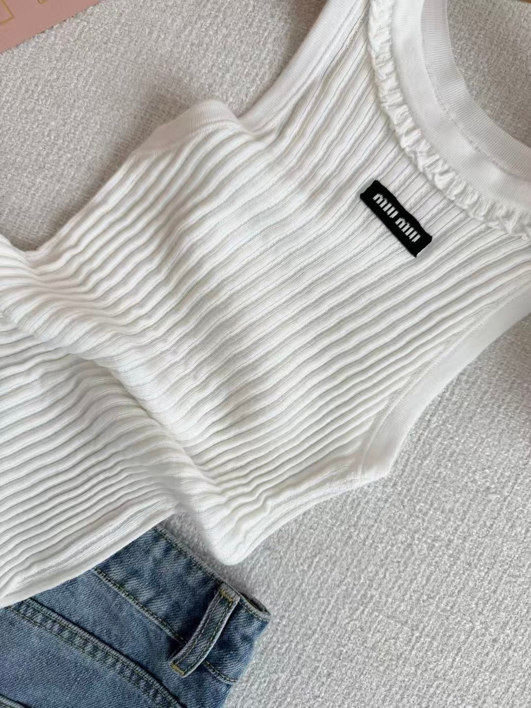 26SS White Sleeveless Knitted Vest with Lace Collar