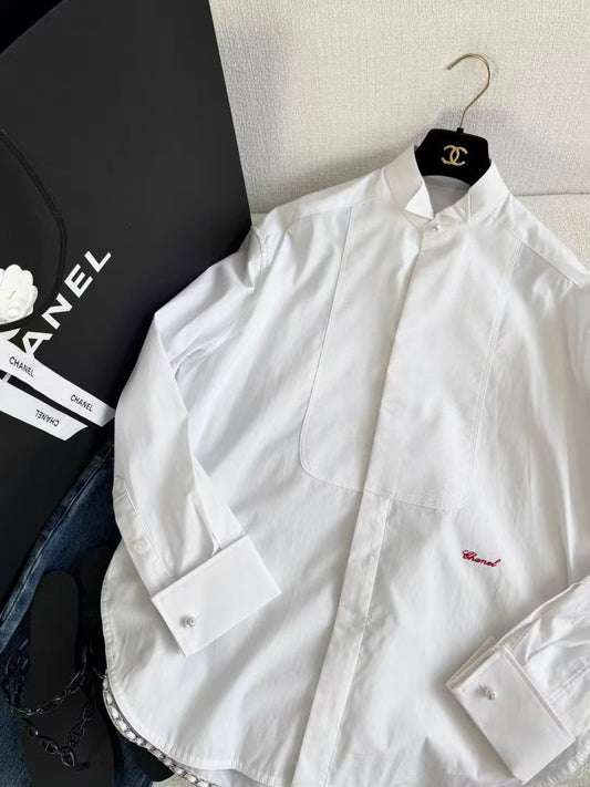 26SS Collared Shirt with Pearl Buttons and Embroidery