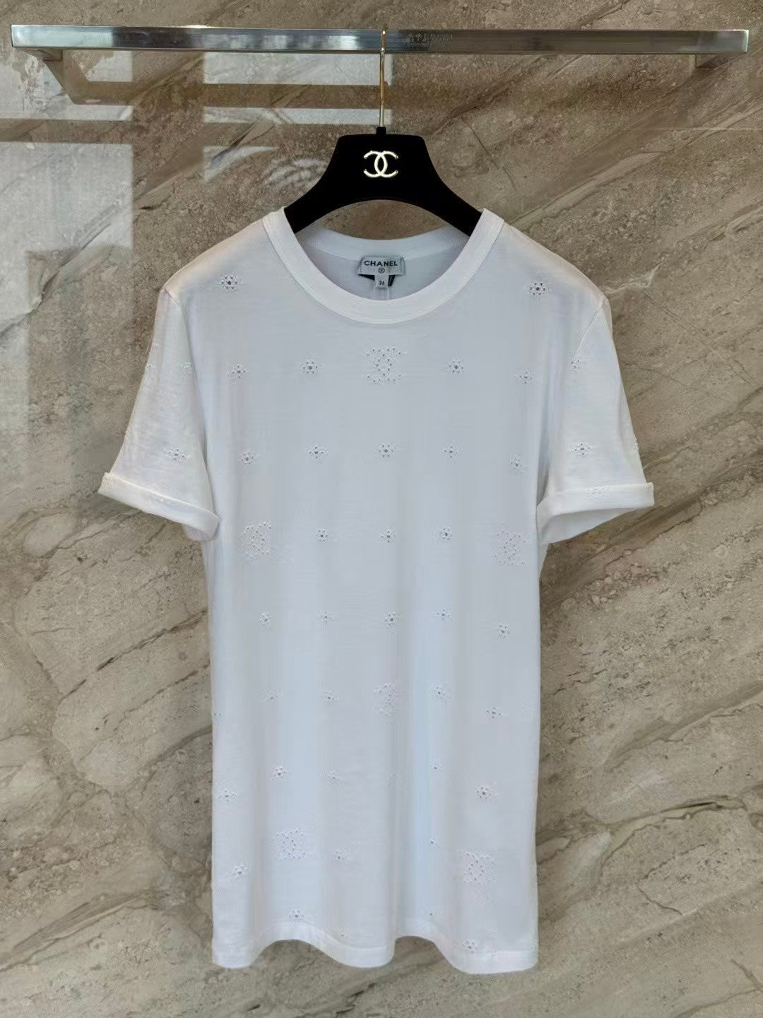26SS White Openwork Embroidered T-Shirt