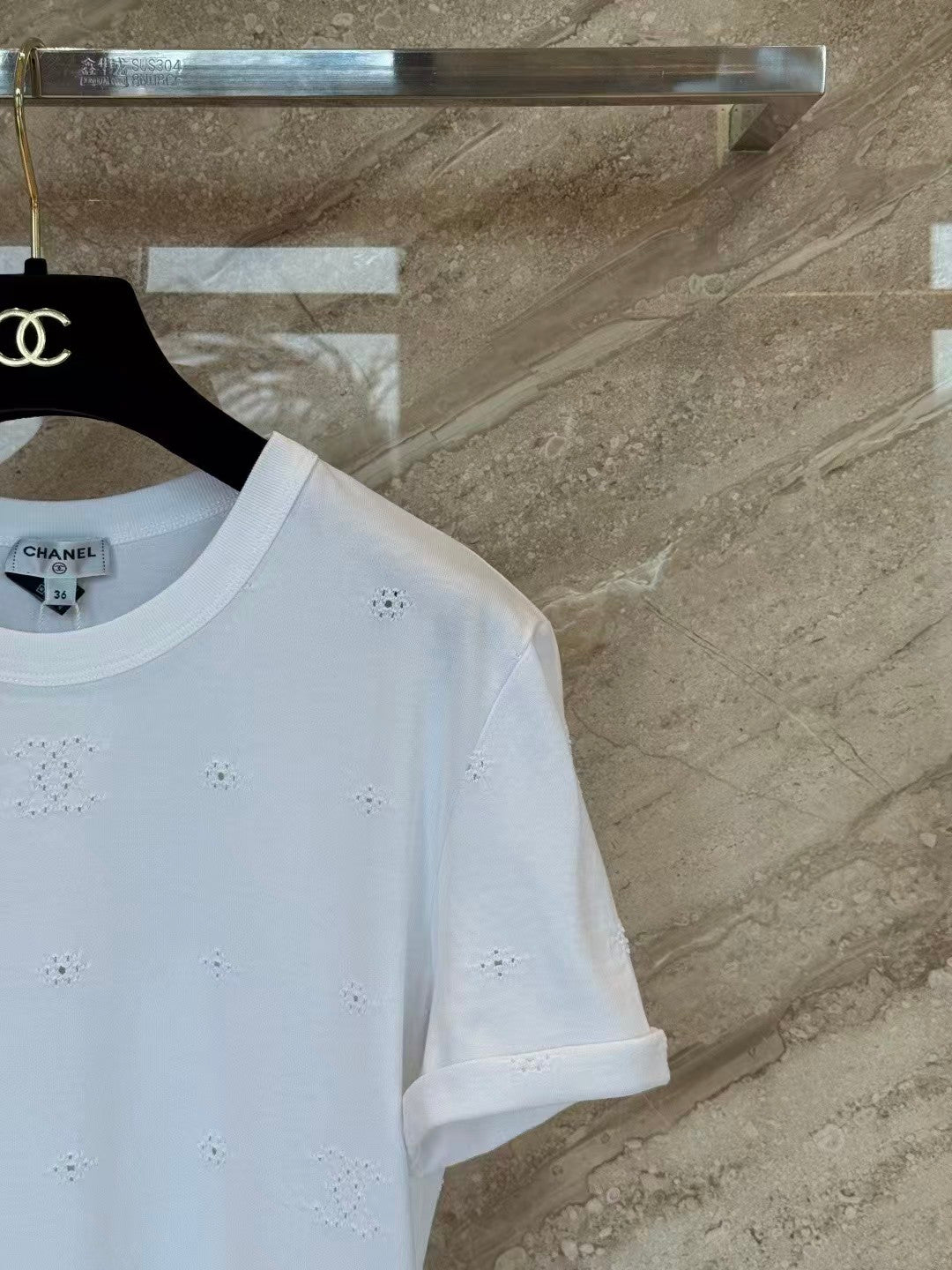 26SS White Openwork Embroidered T-Shirt