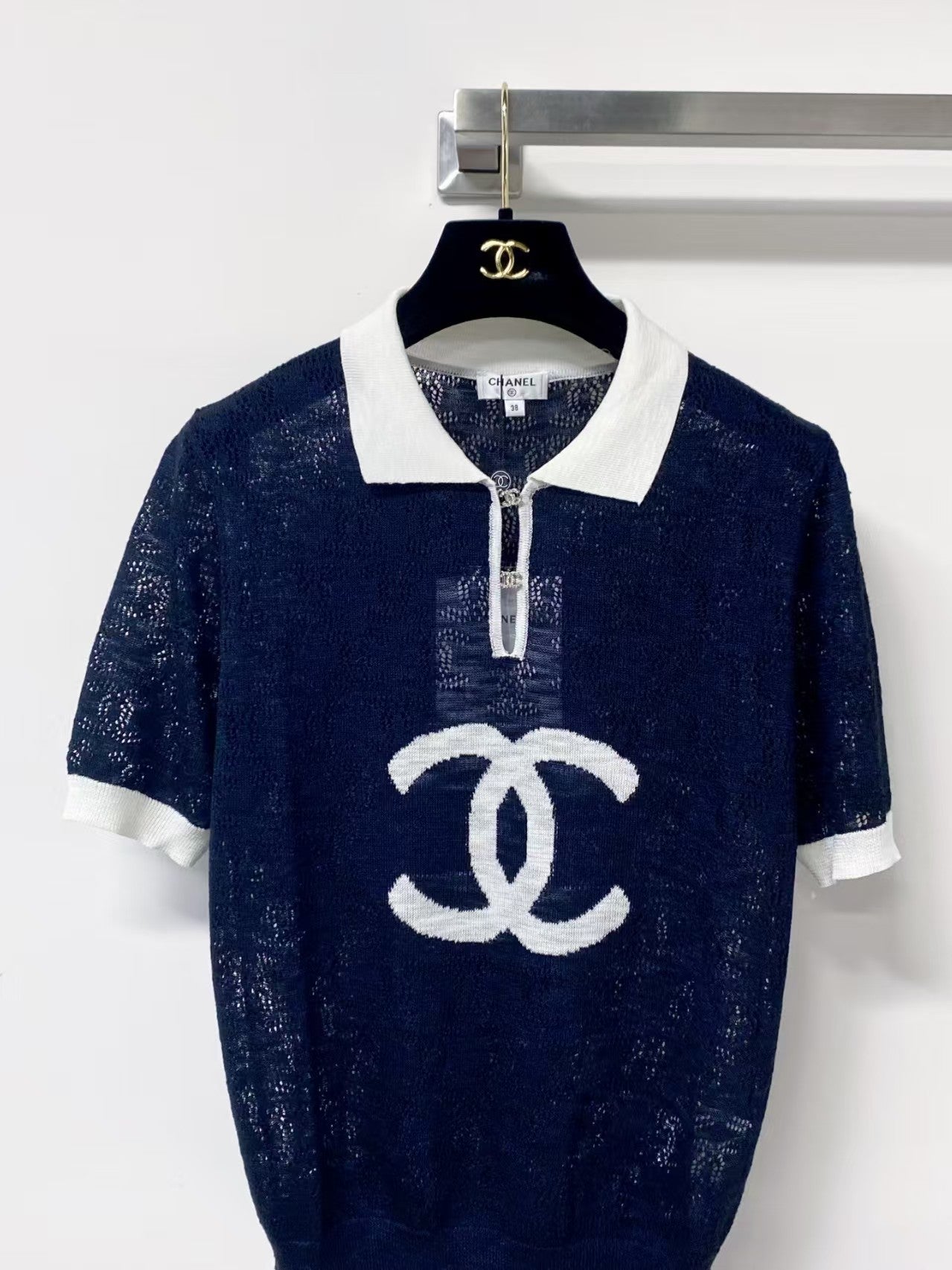 26SS Jacquard Cut-out Collar Knit T-Shirt