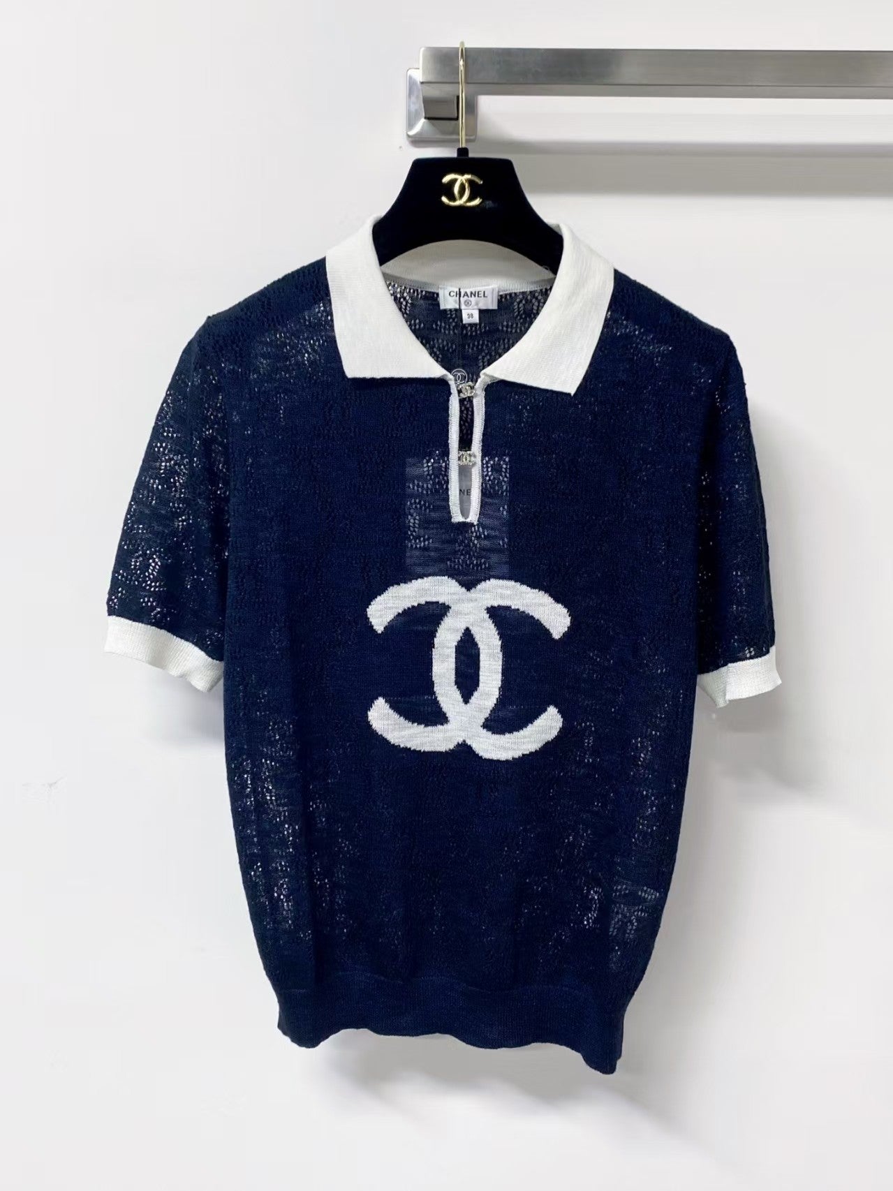 26SS Jacquard Cut-out Collar Knit T-Shirt