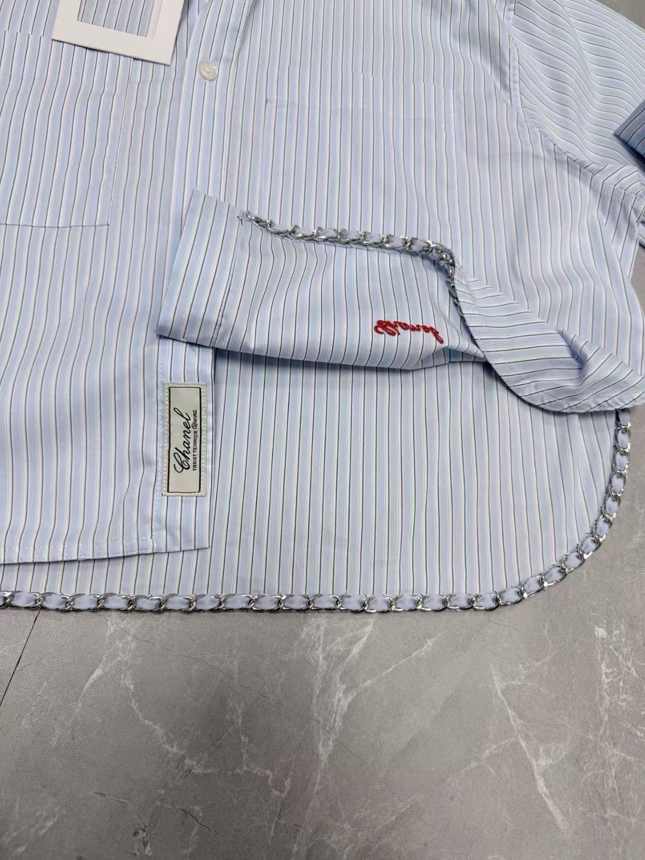 26 New Embroidered Striped Cropped Shirt with Chain Detail
