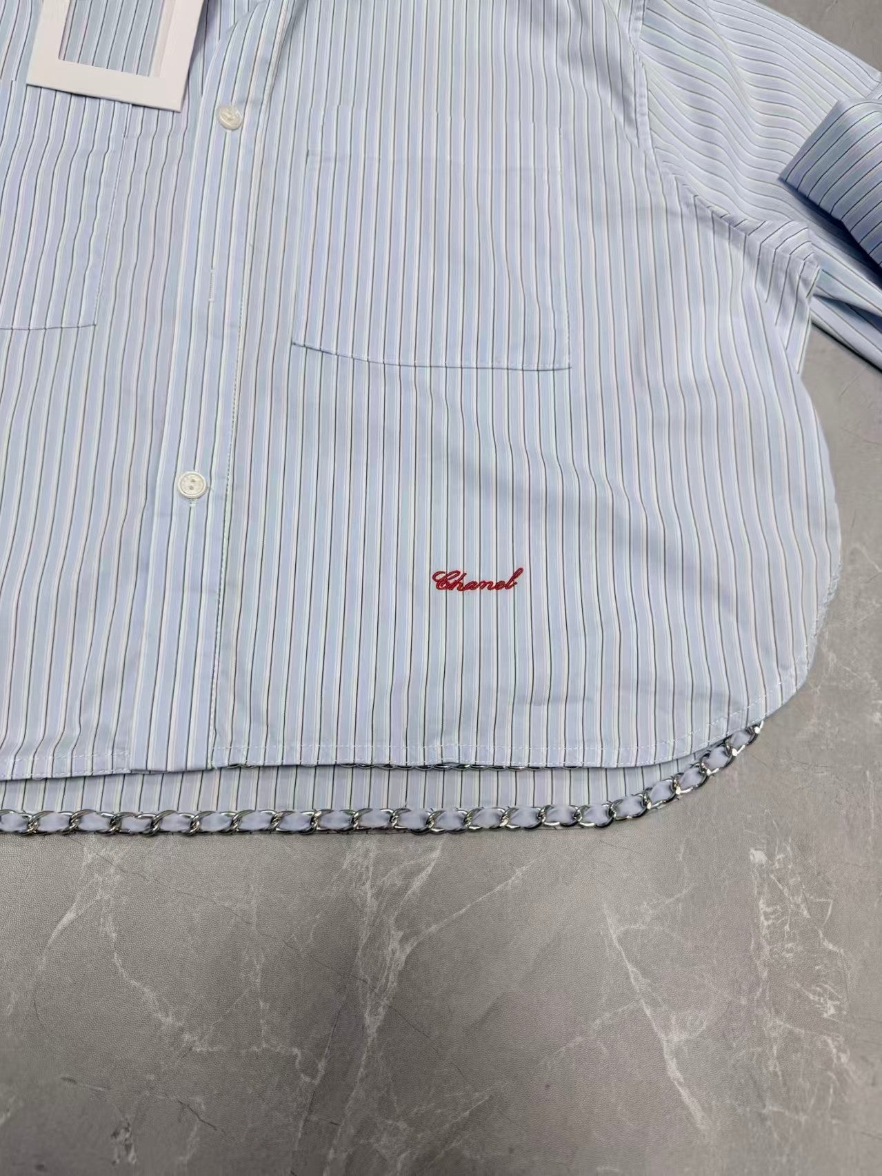 26 New Embroidered Striped Cropped Shirt with Chain Detail