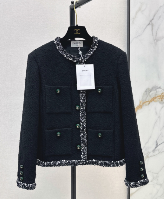 26 New Black Tweed Crew-Neck Knit Jacket