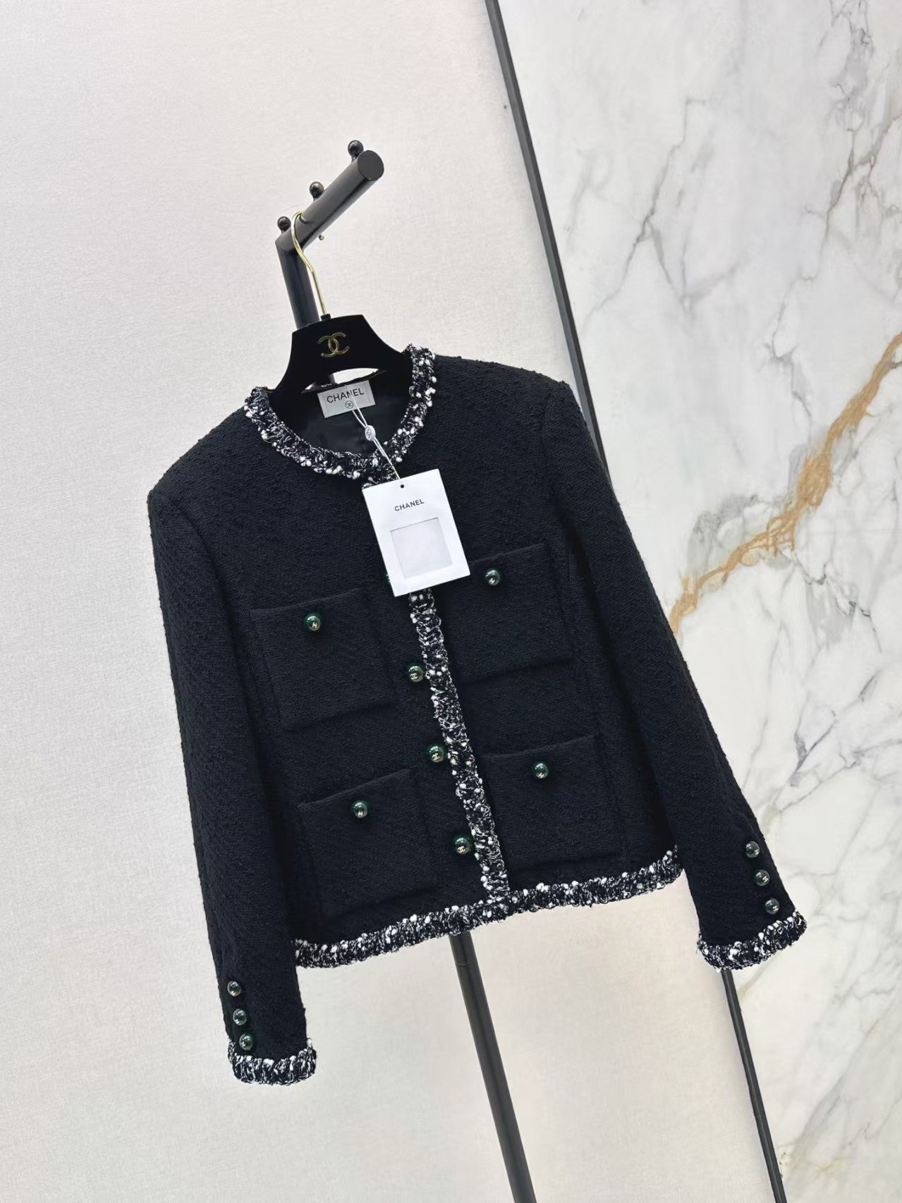 26 New Black Tweed Crew-Neck Knit Jacket