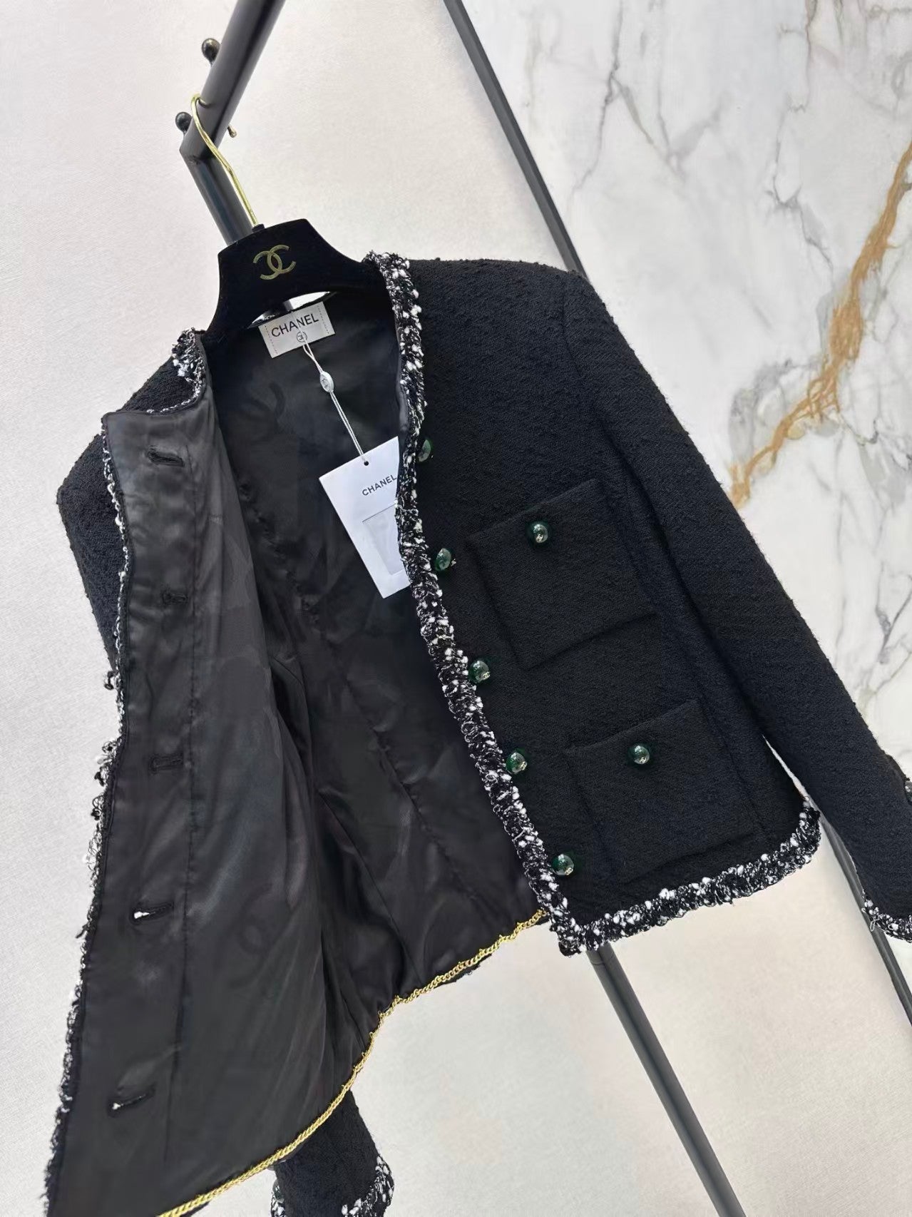 26 New Black Tweed Crew-Neck Knit Jacket