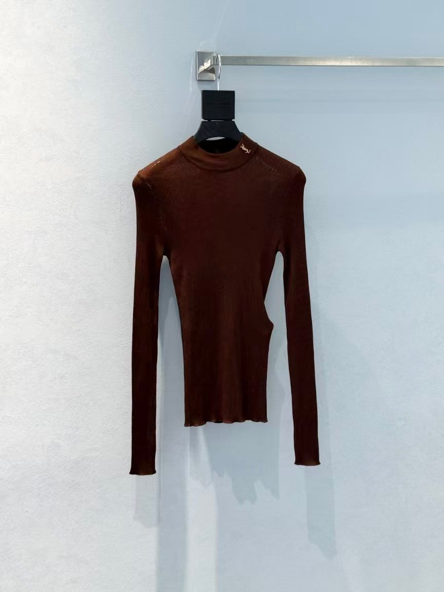 26FW New Long-Sleeve Silk Top with Gold Logo